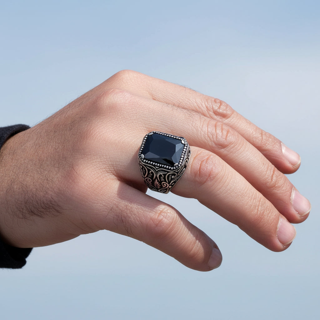 Bague pour homme en argent sterling 925 avec pierre de zircon noir