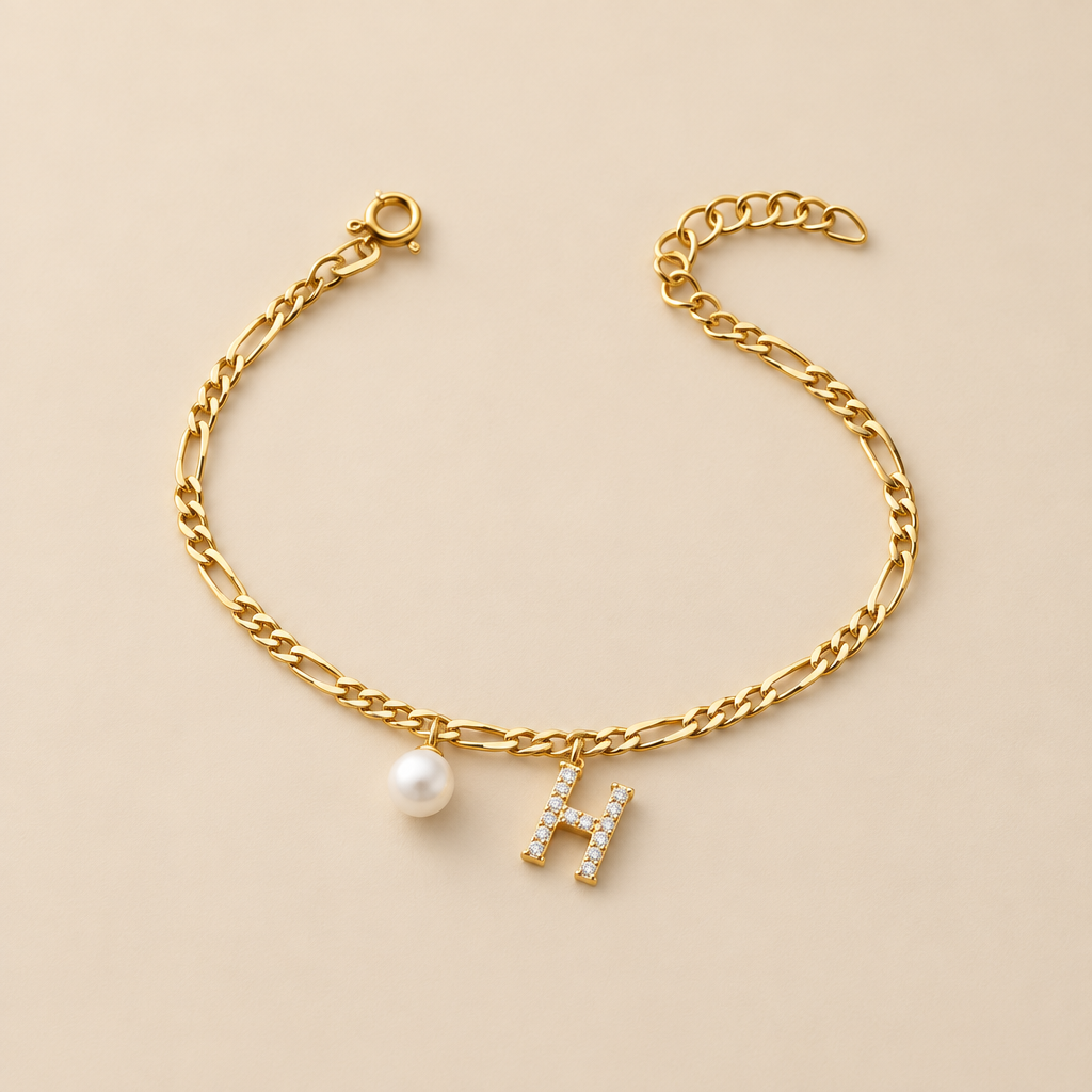 Bracelet Figaro avec Initiale & Perle | Argent 925
