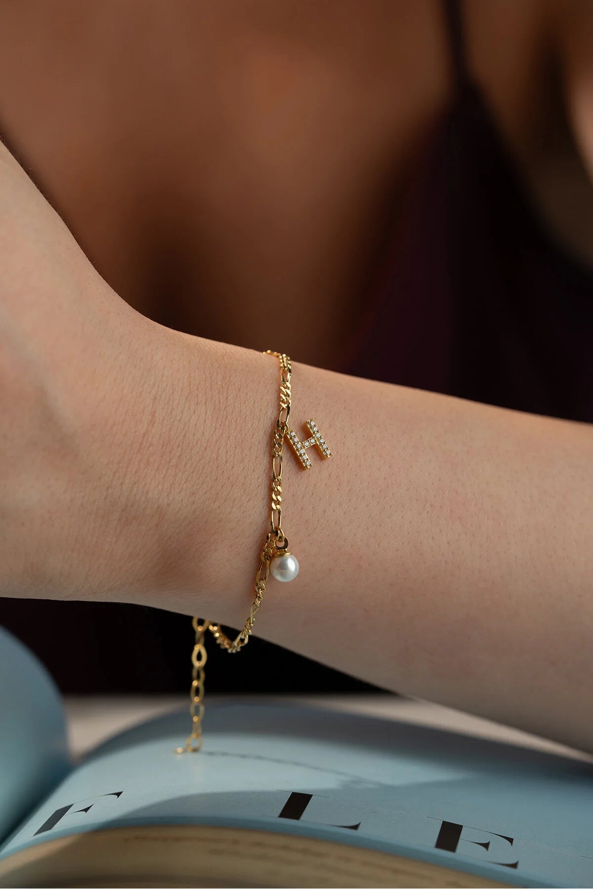 Bracelet Figaro avec Initiale & Perle | Argent 925