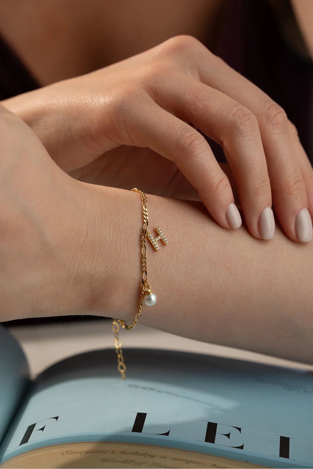 Bracelet Figaro avec Initiale & Perle | Argent 925