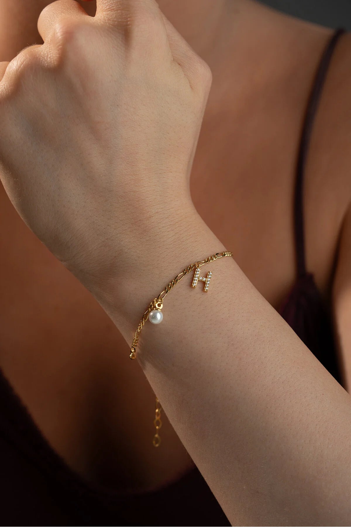 Bracelet Figaro avec Initiale & Perle | Argent 925