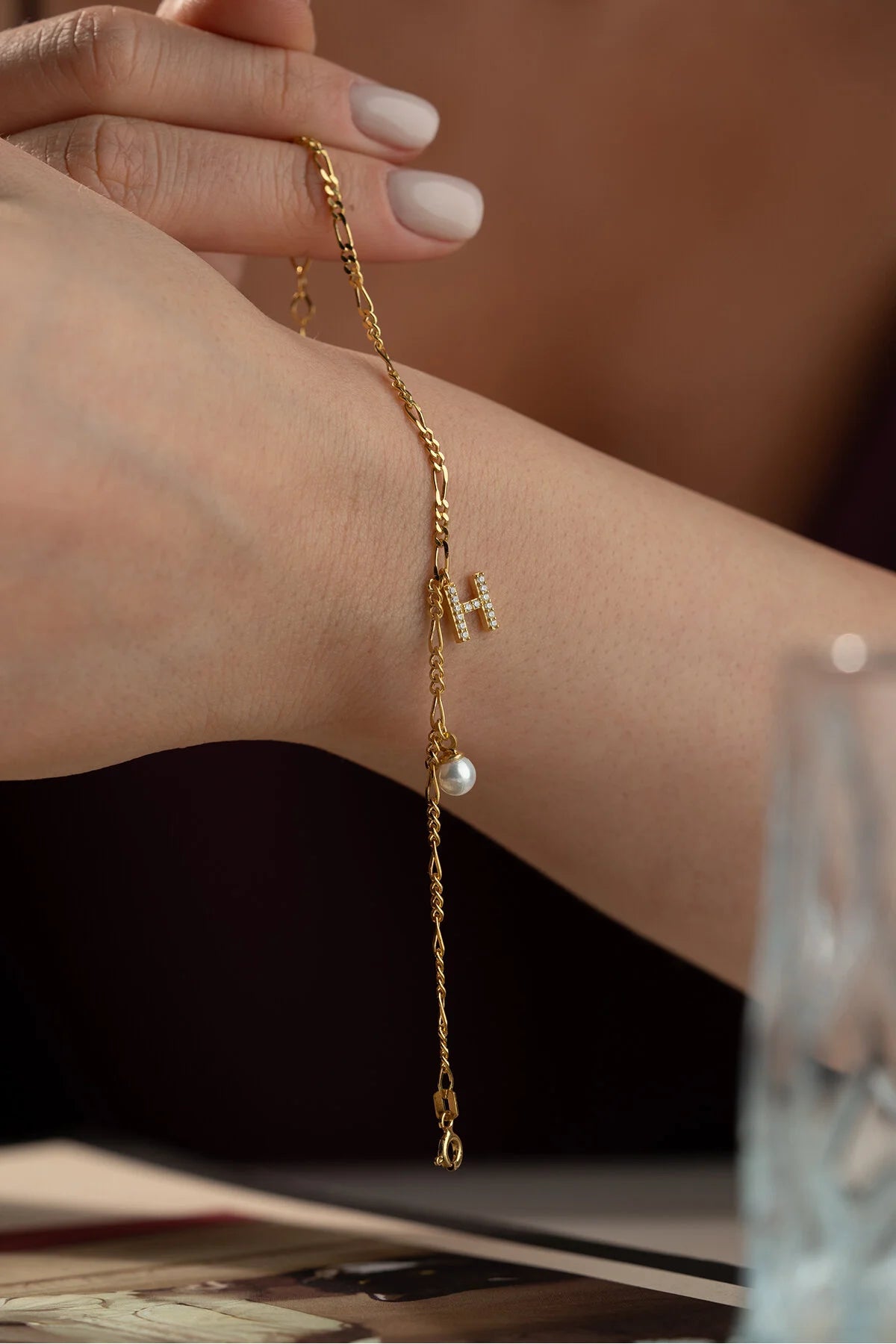 Bracelet Figaro avec Initiale & Perle | Argent 925