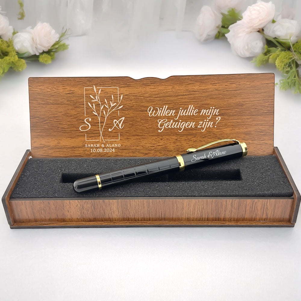 Stylo personnel avec notes dans une boîte en bois pour témoins de mariage BLG240132