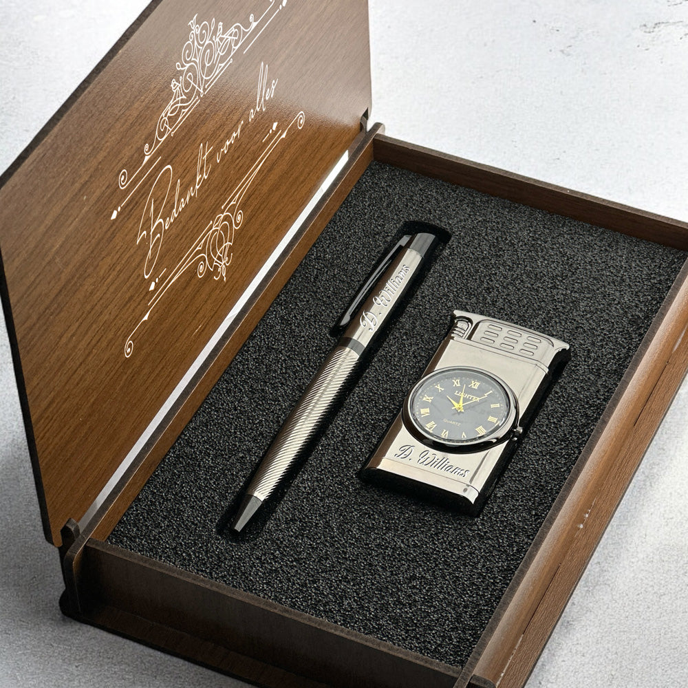 Briquet gravé personnellement avec montre et stylo à bille, coffret cadeau – dans une boîte en bois D2