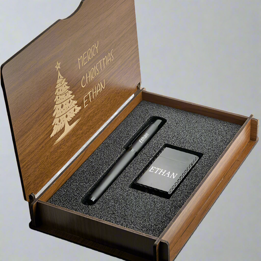 Cadeau de Noël – Briquet gravé personnellement avec coffret cadeau stylo roller – Dans une boîte en bois