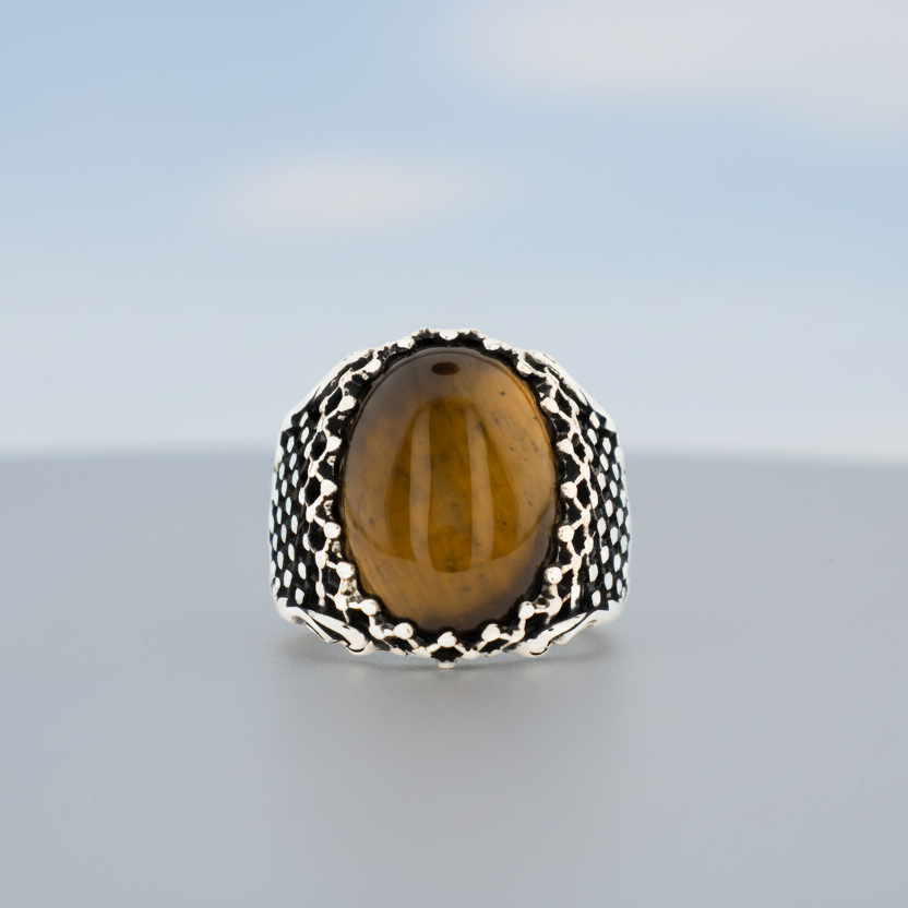 Bague ovale en argent sterling avec pierre d'oeil de tigre BLK001