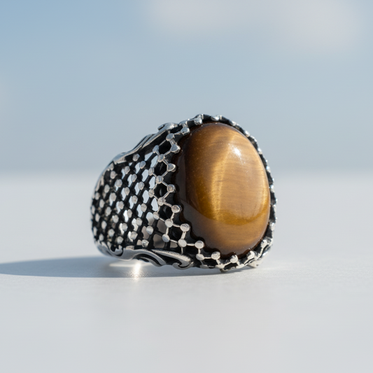 Bague ovale en argent sterling avec pierre d'oeil de tigre BLK001