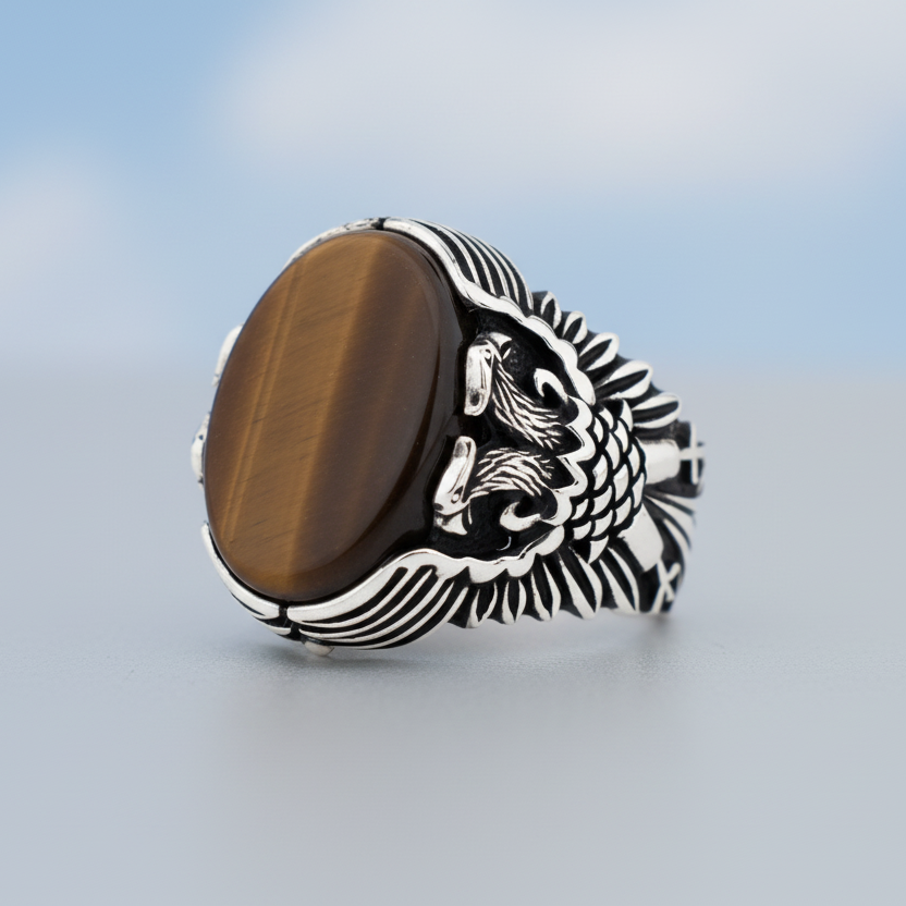 Bague en argent sterling aigle à double tête avec pierre œil de tigre BLK004