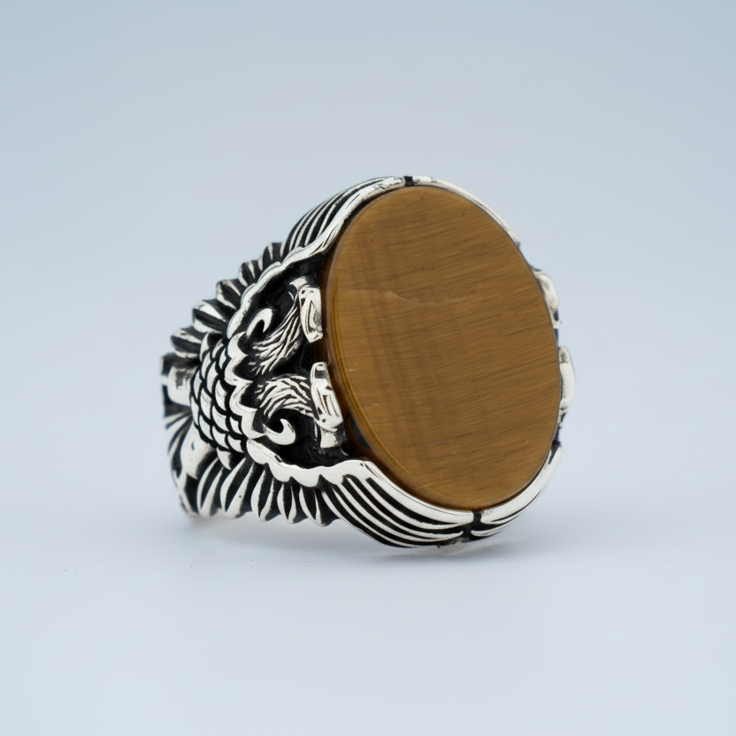 Bague en argent sterling aigle à double tête avec pierre œil de tigre BLK004