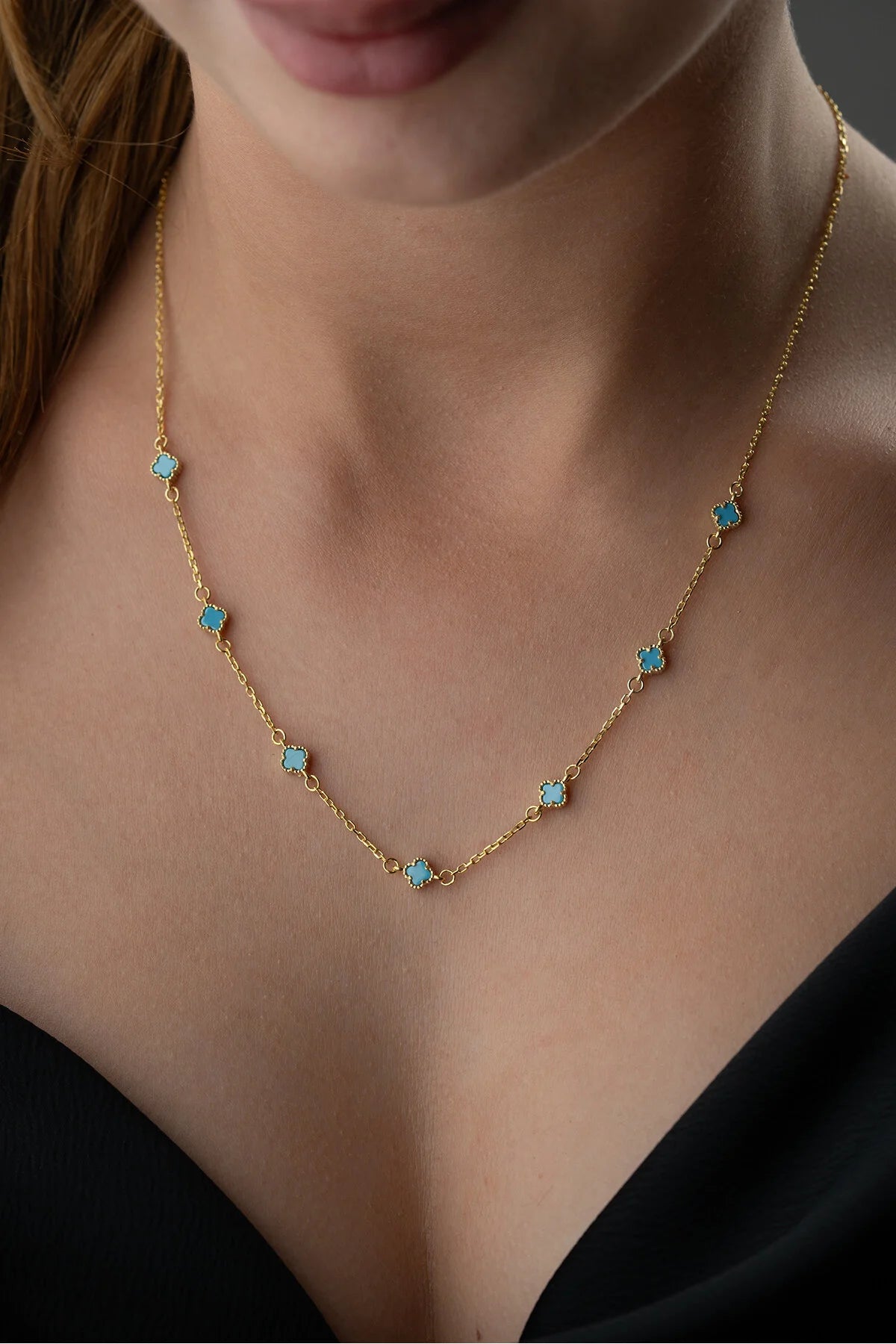 Lucky Blue 925 - Collier doré avec trèfle turquoise quatre