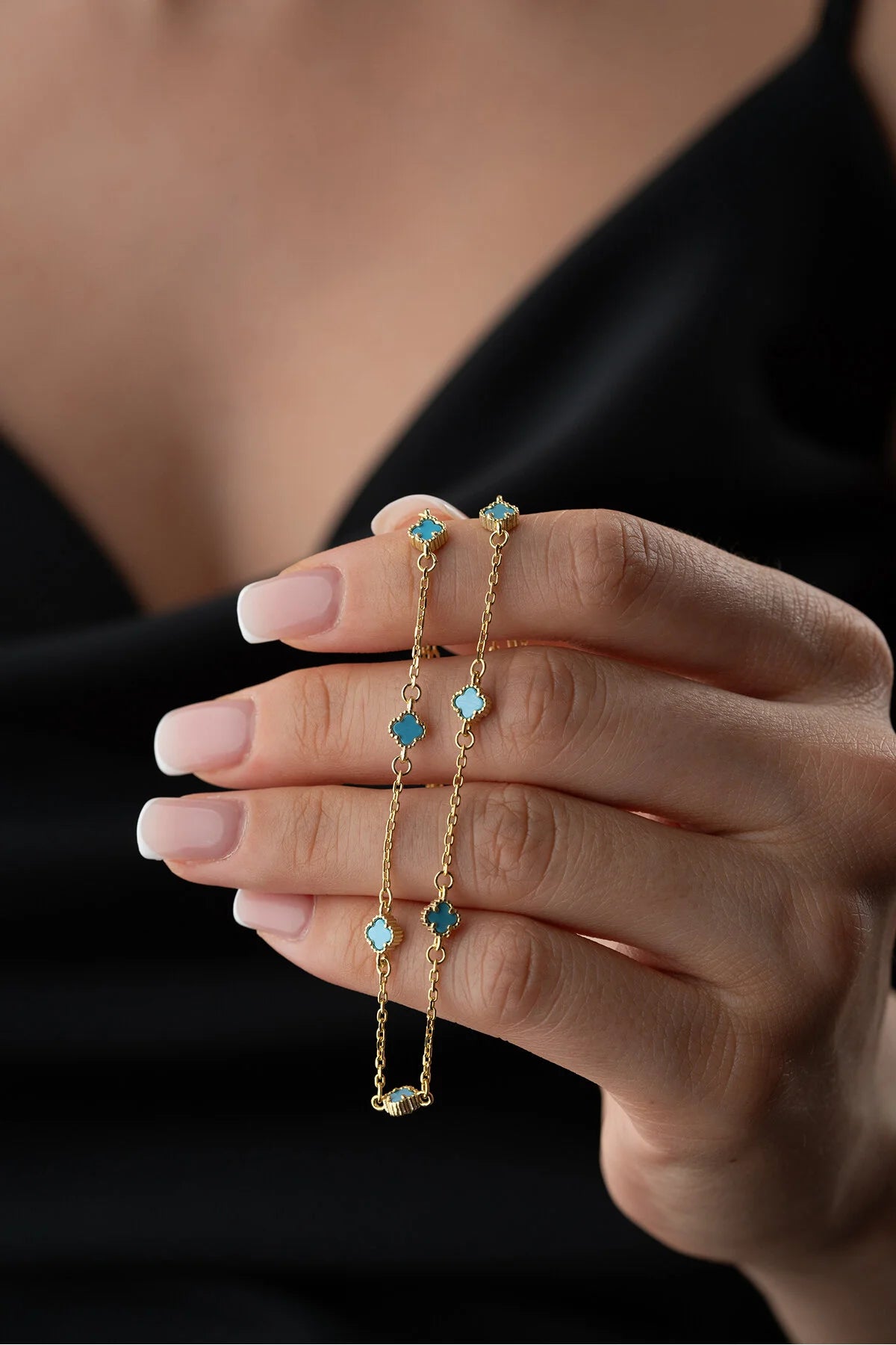 Lucky Blue 925 - Collier doré avec trèfle turquoise quatre