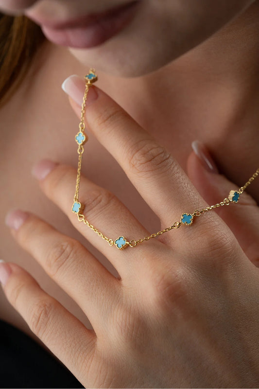 Lucky Blue 925 - Collier doré avec trèfle turquoise quatre