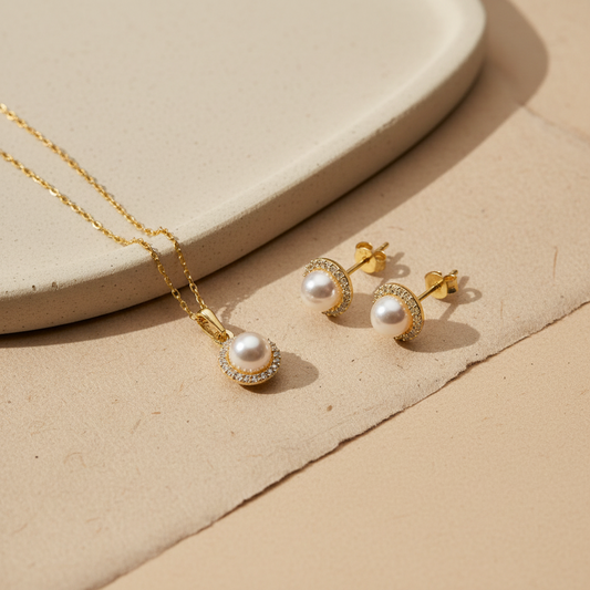 LunaPearl 925 – Collier de perles & Ensemble de boucles d'oreilles