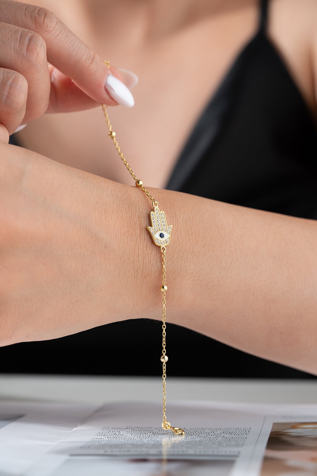 Bracelet plaqué or avec main de Fatima & Œil