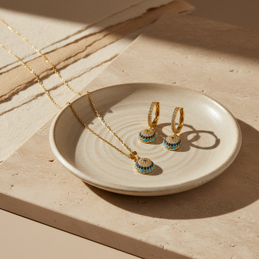 Ensemble collier et boucles d’oreilles mauvais œil – Argent sterling 925