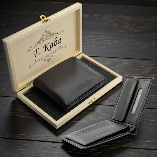 Portefeuille en cuir noir avec nom & Texte personnel dans une boîte en bois