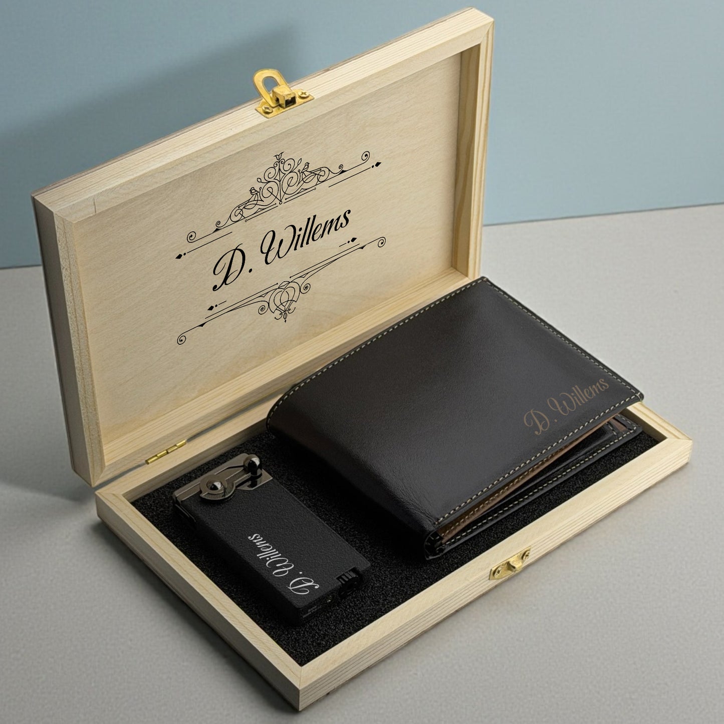 Gepersonaliseerde Leren Portemonnee & Aansteker Cadeauset