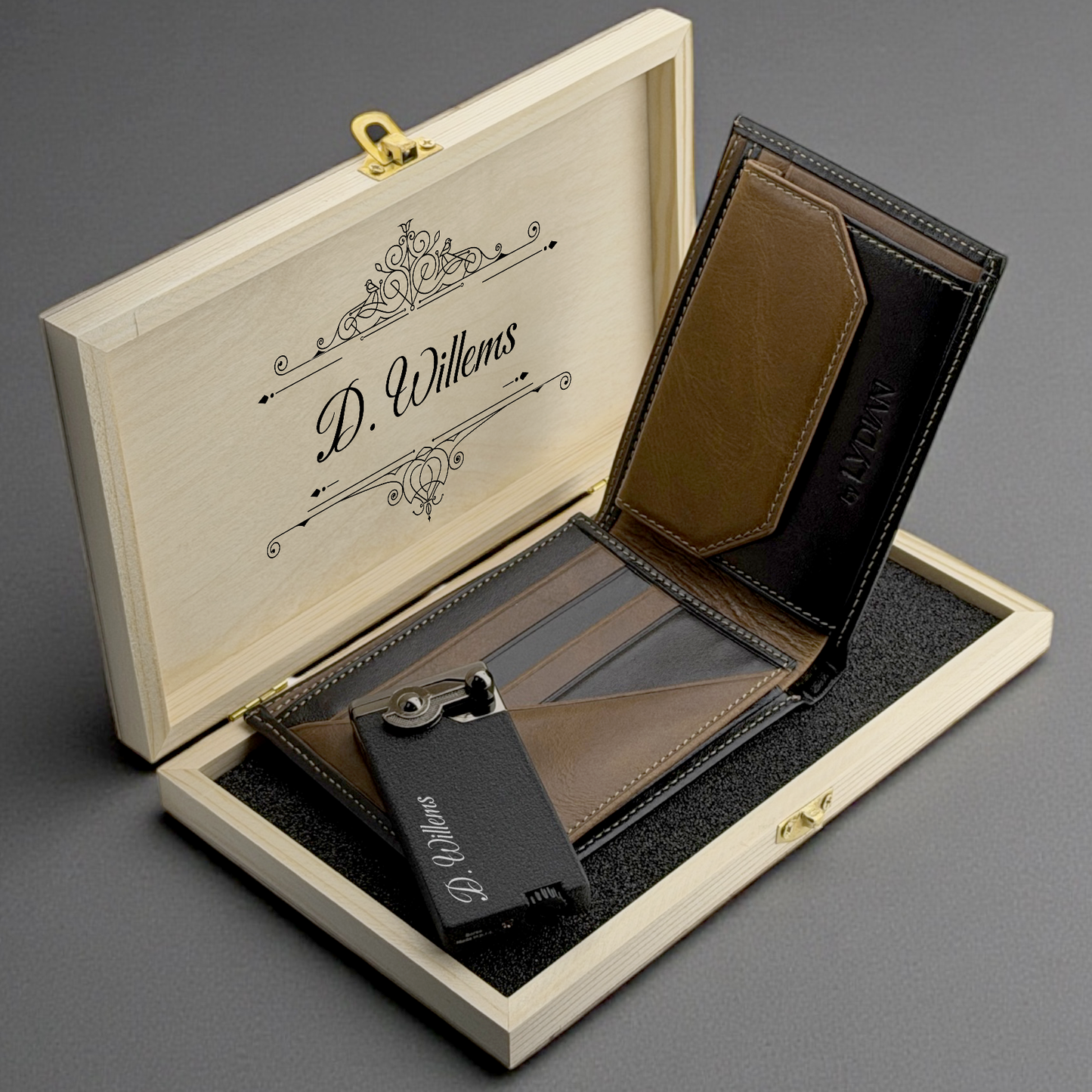 Gepersonaliseerde Leren Portemonnee & Aansteker Cadeauset