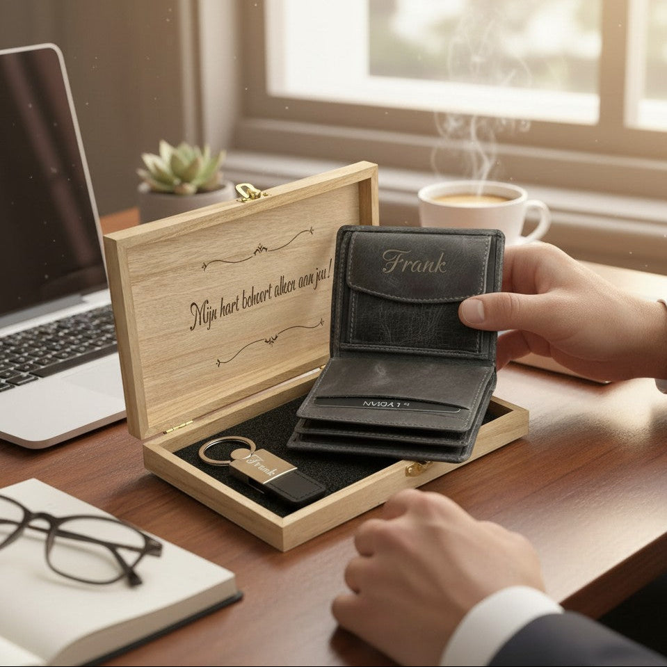 Ensemble de cadeaux personnalisé - portefeuille gris - Keynchain - coffret cadeau