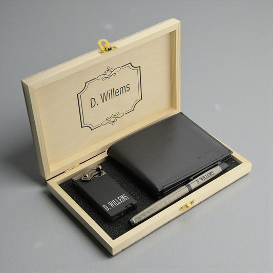 Coffret cadeau personnalisé pour homme – Portefeuille, stylo & Plus léger