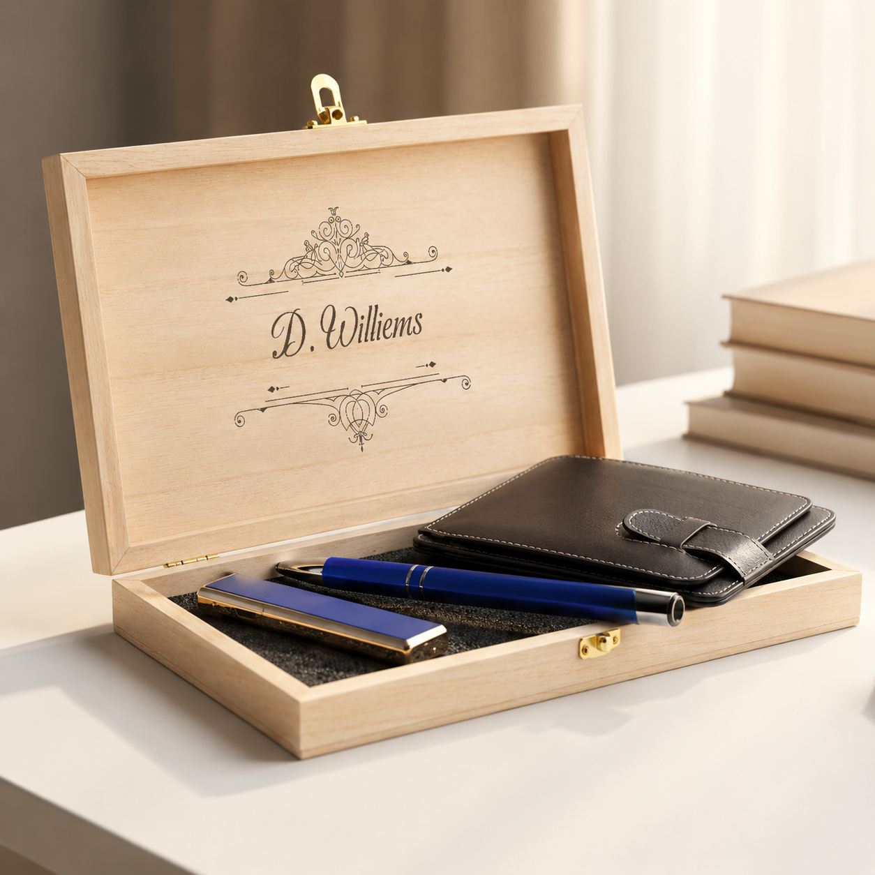 Porte-cartes en cuir personnalisé, briquet USB et coffret cadeau stylo bleu