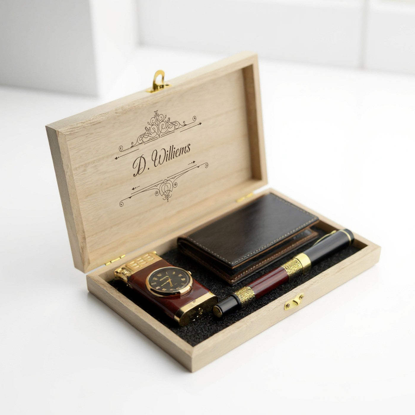 Porte-cartes en cuir personnalisé, briquet avec montre et coffret cadeau stylo roller