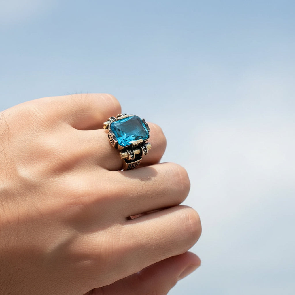 Bague pour homme avec pierre bleue CLMR0162