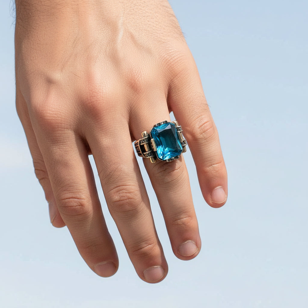 Bague pour homme avec pierre bleue CLMR0162