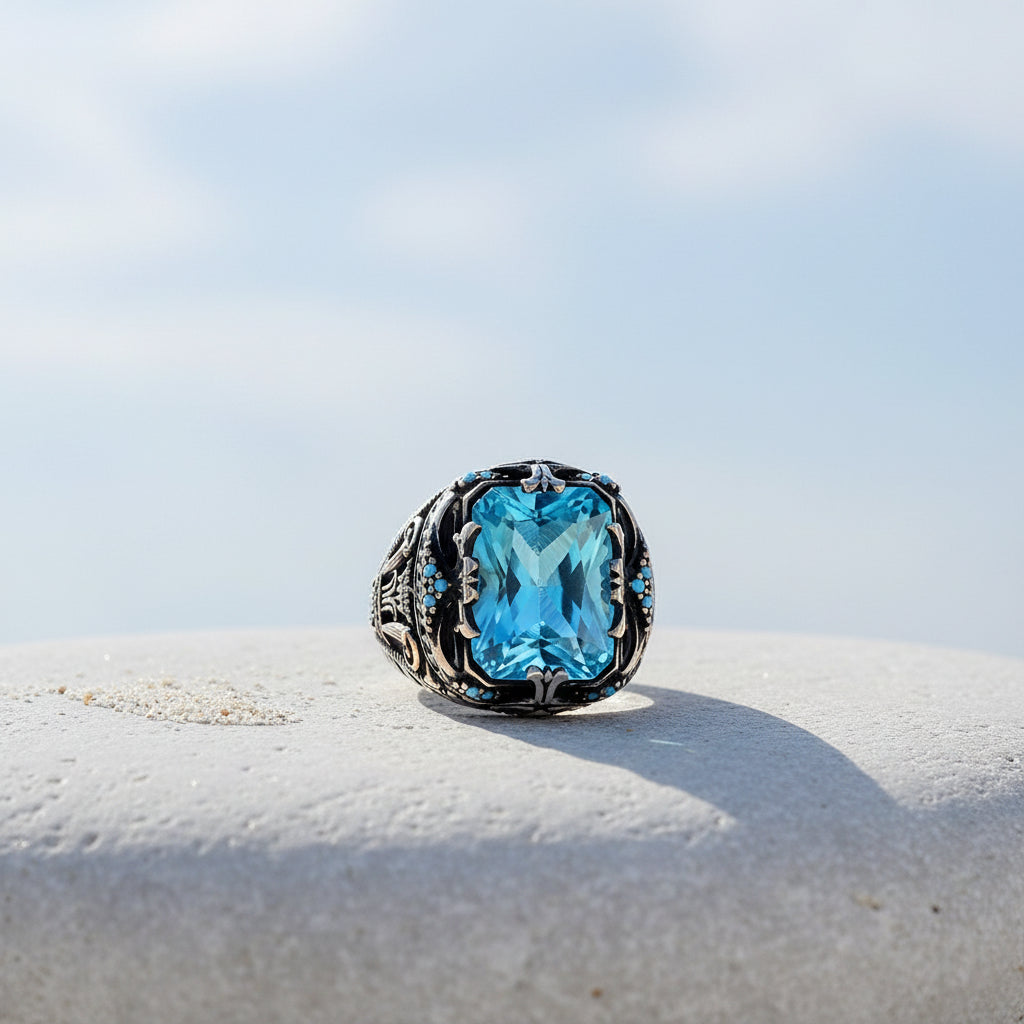 Bague pour hommes avec pierre bleue CLMR0221