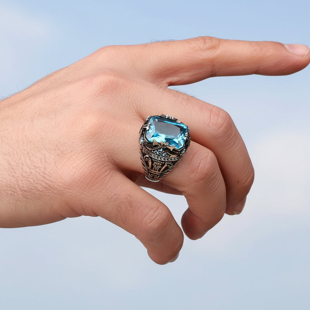 Bague pour hommes avec pierre bleue CLMR0221