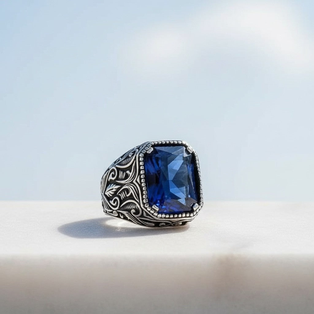 Bague homme en argent avec pierre bleue