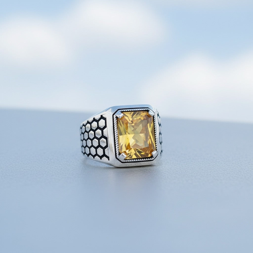 Bague en argent sterling 925 avec pierre de zircone jaune