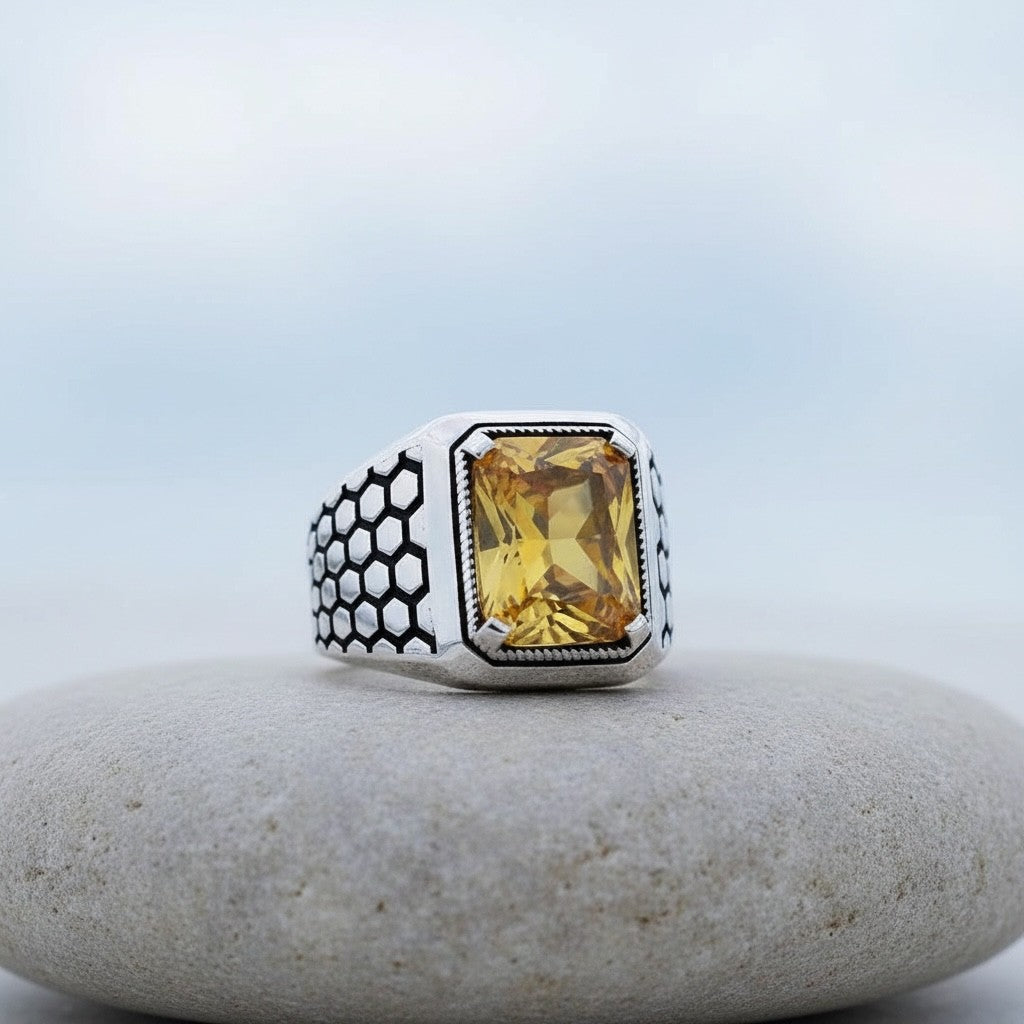 Bague en argent sterling 925 avec pierre de zircone jaune