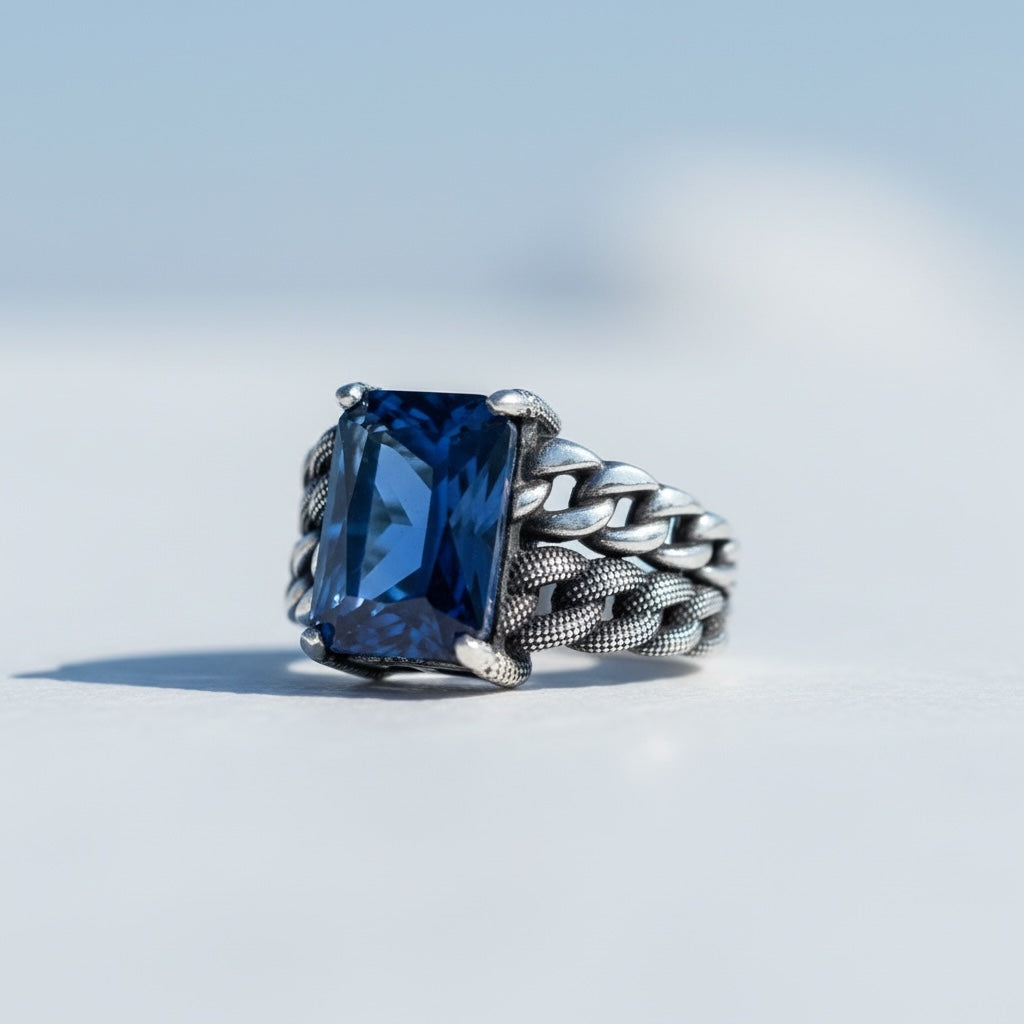 Bague homme en argent avec pierre bleue