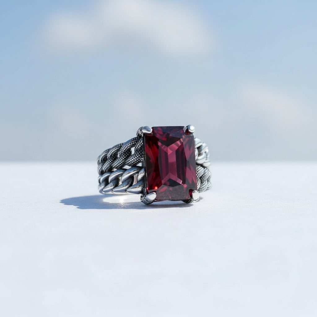 Bague pour homme en argent 925 avec pierre rouge