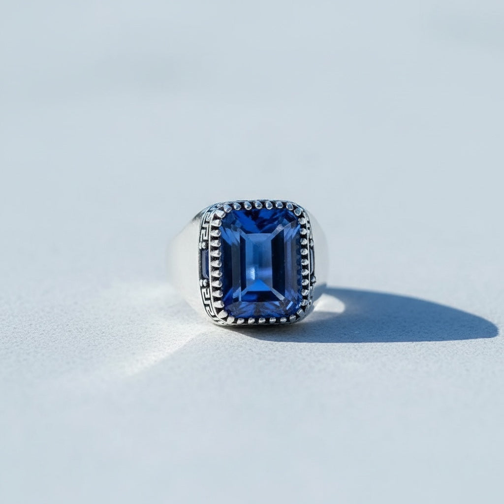 Bague homme en argent avec pierre bleue