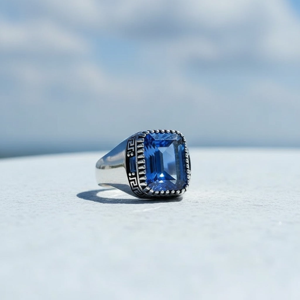 Bague homme en argent avec pierre bleue
