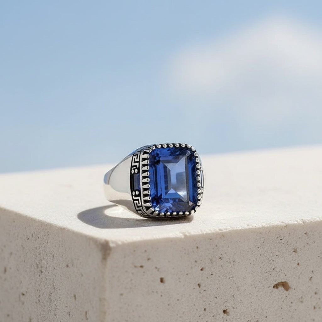 Bague homme en argent avec pierre bleue