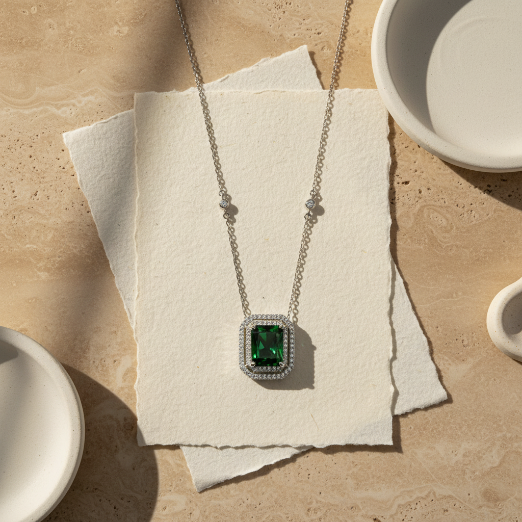 Collier en argent sterling élégant 925 avec zircone verte rectangulaire
