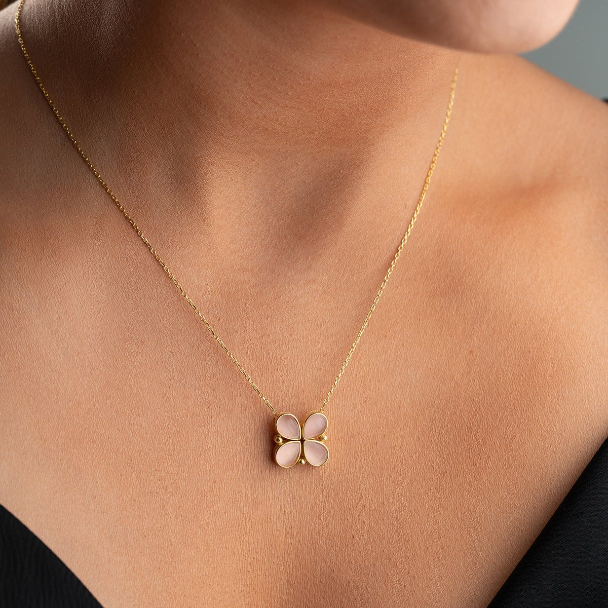 Klaver Ketting met Roze Stenen | 925 Zilver