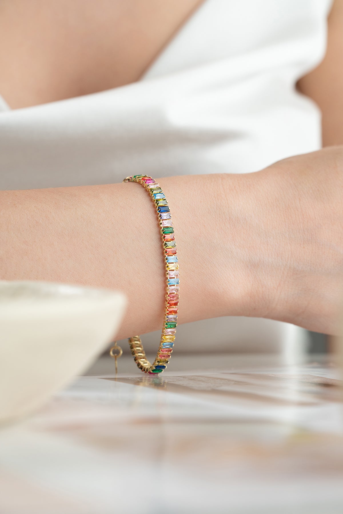 Bracelet avec des pierres colorées - 925 argent doré