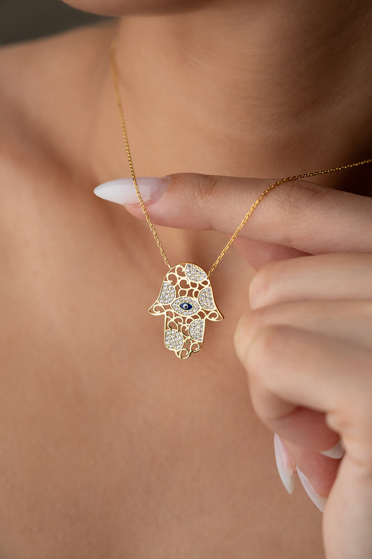 Hamsa Hand Ketting met Oog - 925 Zilver Verguld