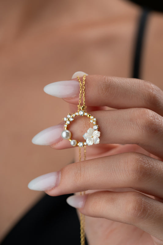 Ketting met Parel & Bloem - 925 Zilver Verguld