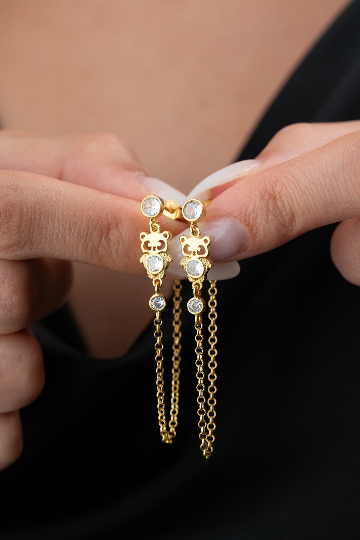 Hangende Panda Oorbellen met Ketting - 925 Zilver