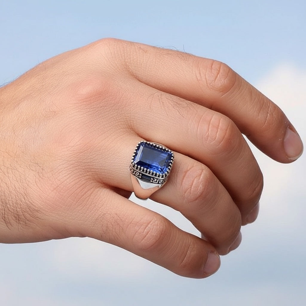 Bague homme en argent avec pierre bleue
