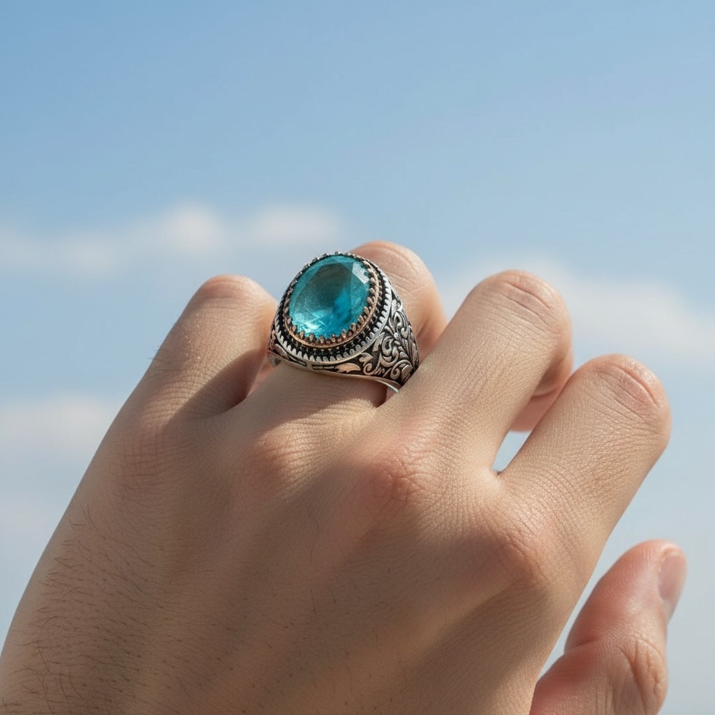 Anneau d'hommes avec paraiba pierre - 925 argent sterling