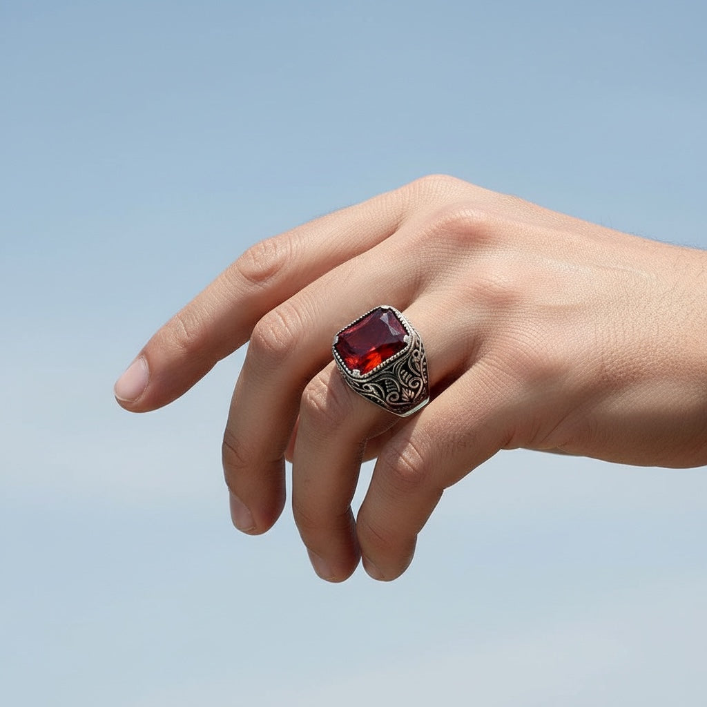 Bague pour homme en argent 925 avec pierre rouge