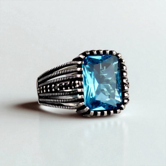 Bague homme en argent avec pierre bleue