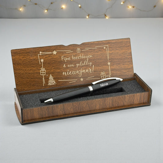 Stylo à bille noir moderne avec nom – Coffret cadeau en bois avec vœux de Noël