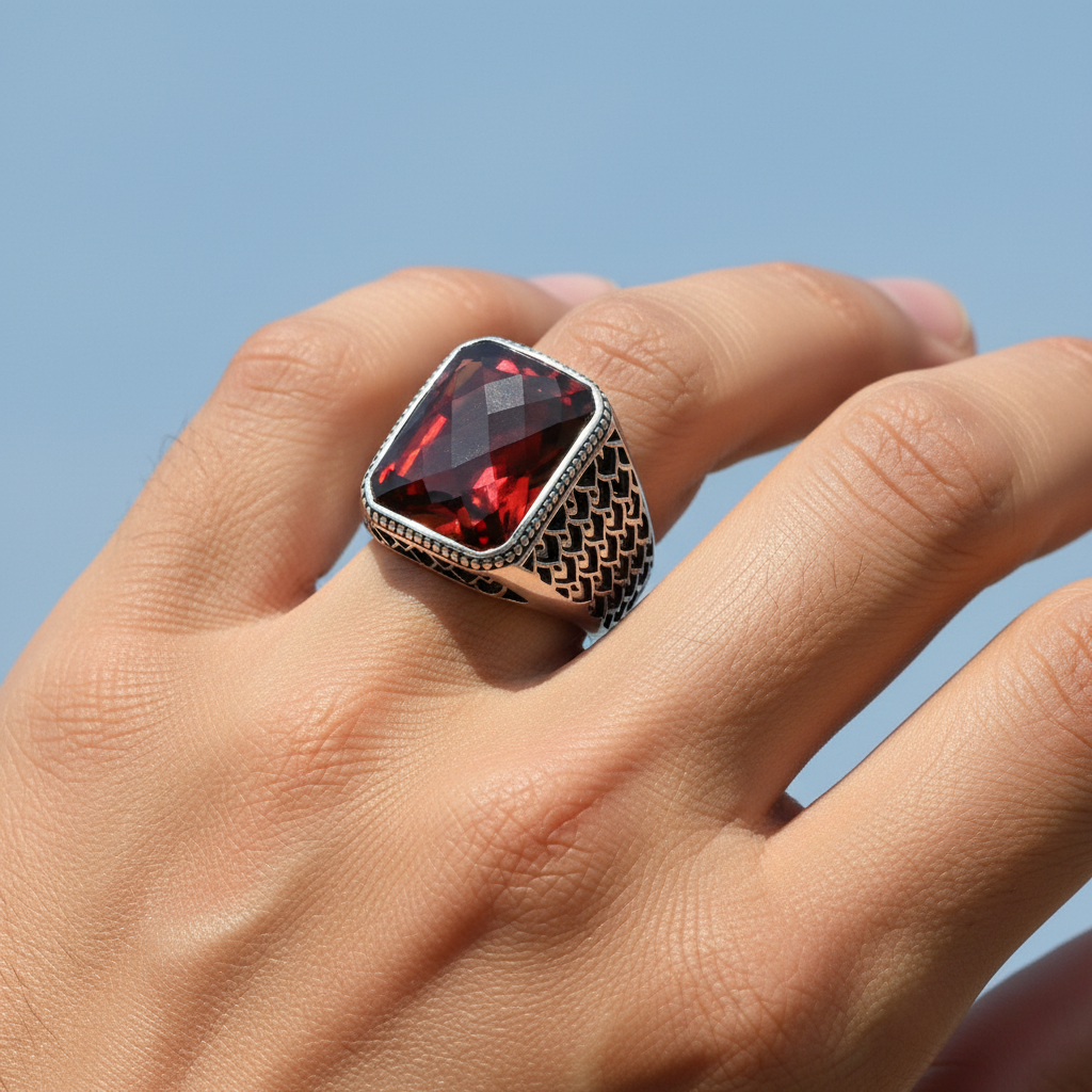 Bague pour homme en argent 925 avec pierre rouge LMR296